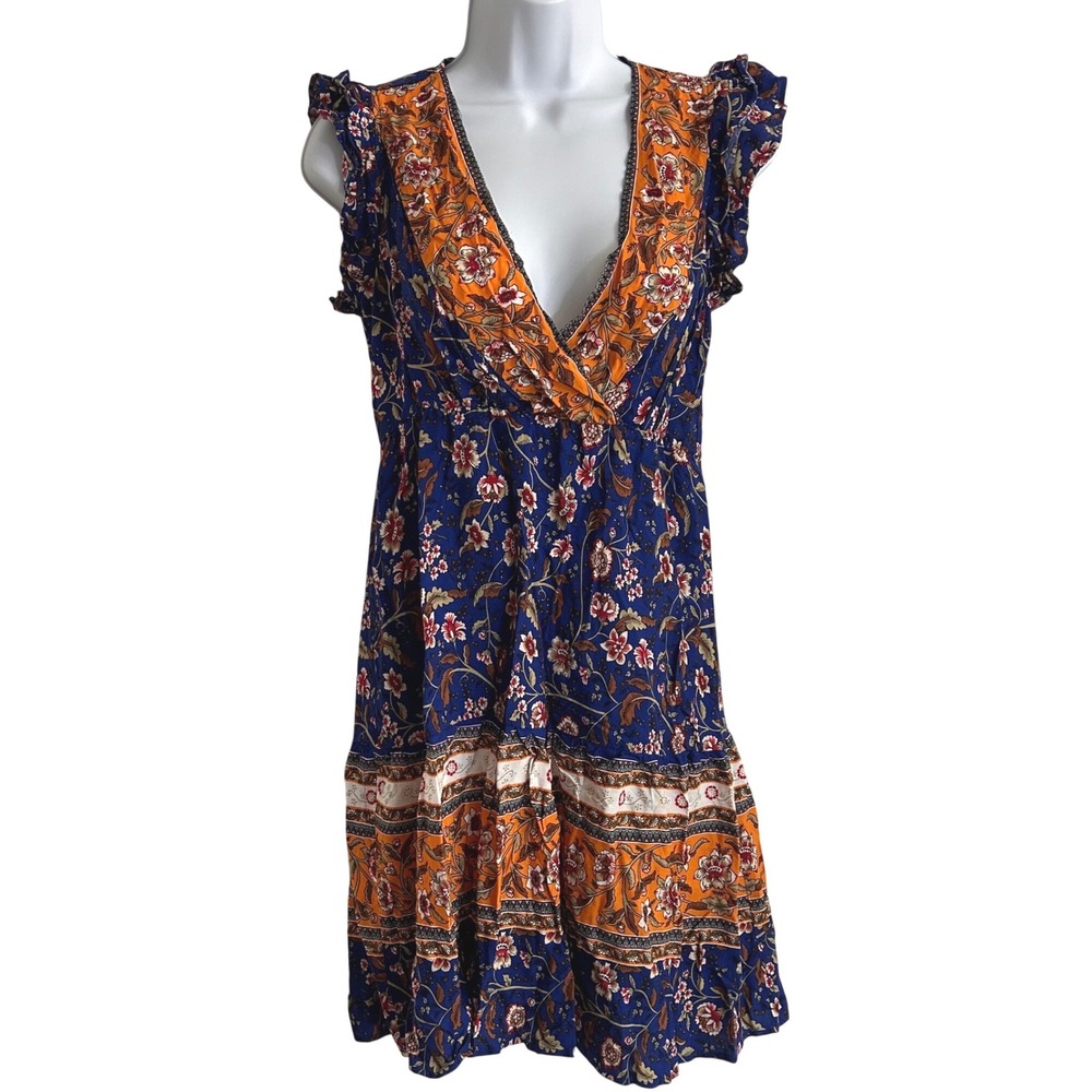 NWT Fashion Women's S Blue Orange Floral Boho Mini Dress Flutter Sleeve V-Neck